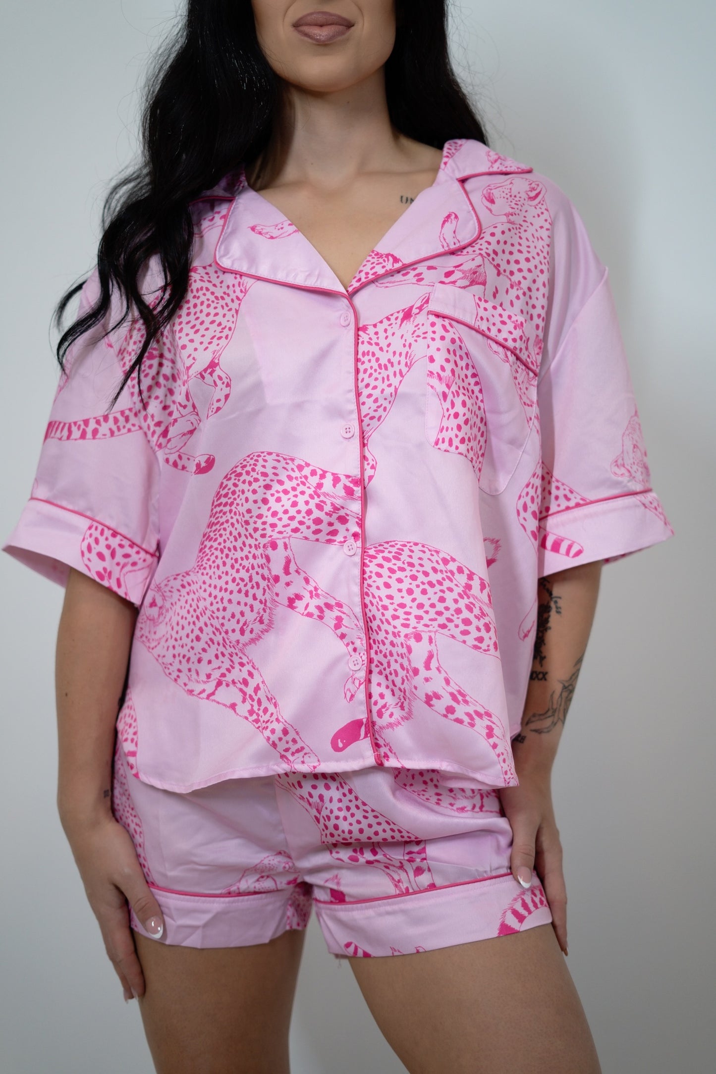 Pink Cheetah Satin Pajama Set