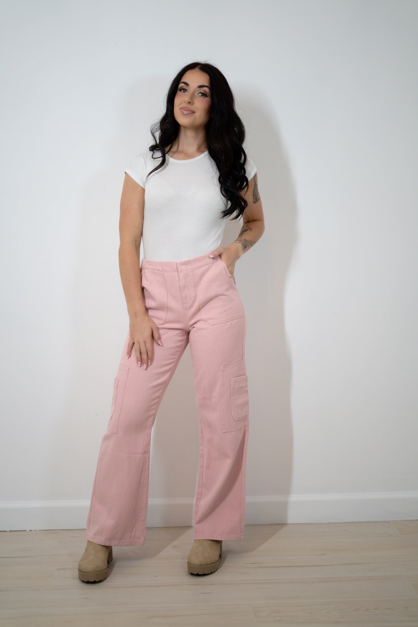 Pink Cotton Twill Denim Cargo Pant